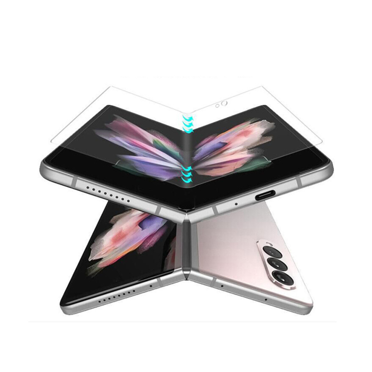 Smartphone pieghevole argento e rosa, parzialmente aperto, con protezione schermo. Frecce indicano la direzione di piegatura. Sfondo bianco.