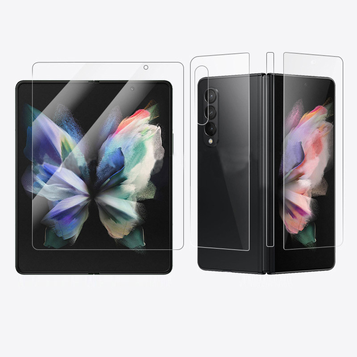 Due telefoni pieghevoli, uno aperto e uno chiuso, con protezioni per lo schermo applicate. Il telefono aperto mostra un design colorato.