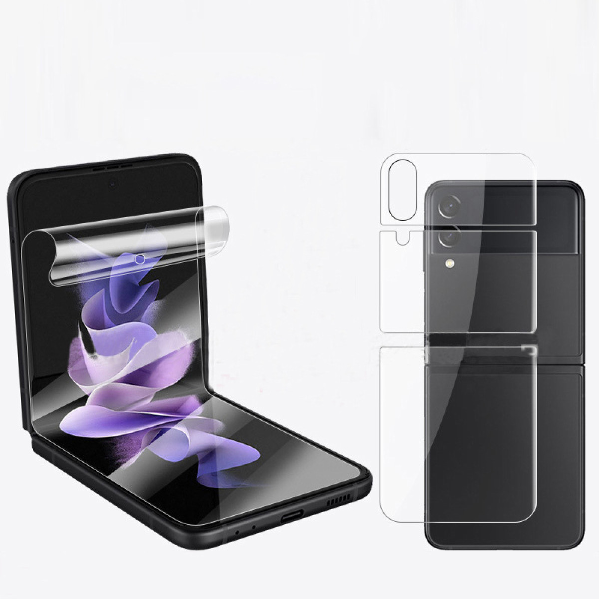 Un telefono pieghevole nero, parzialmente aperto, con una protezione per lo schermo in applicazione. Un secondo telefono è chiuso con contorni.