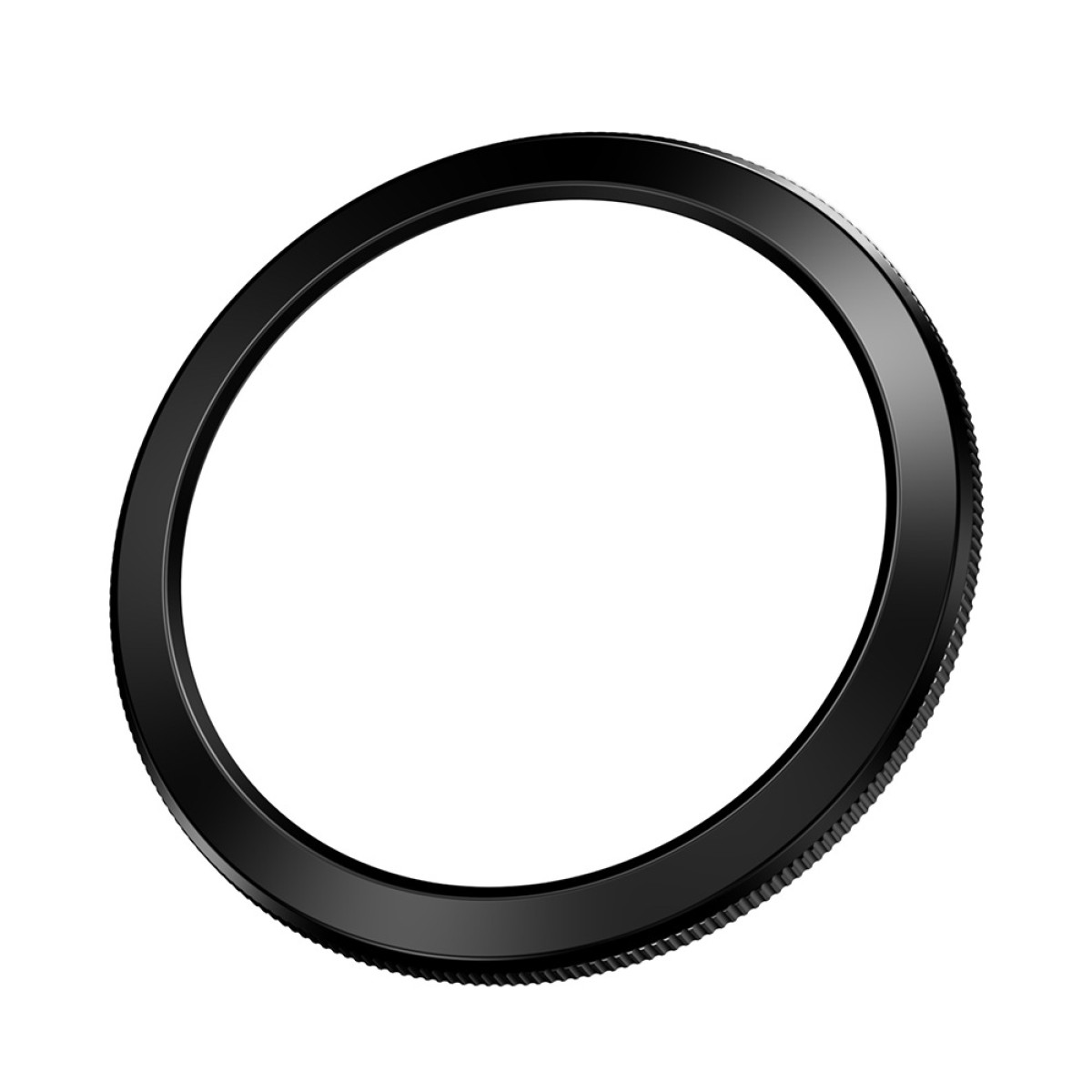 Nahaufnahme eines schwarzen Rings mit strukturierter Außenkante und glatter Innenfläche, isoliert vor weißem Hintergrund.