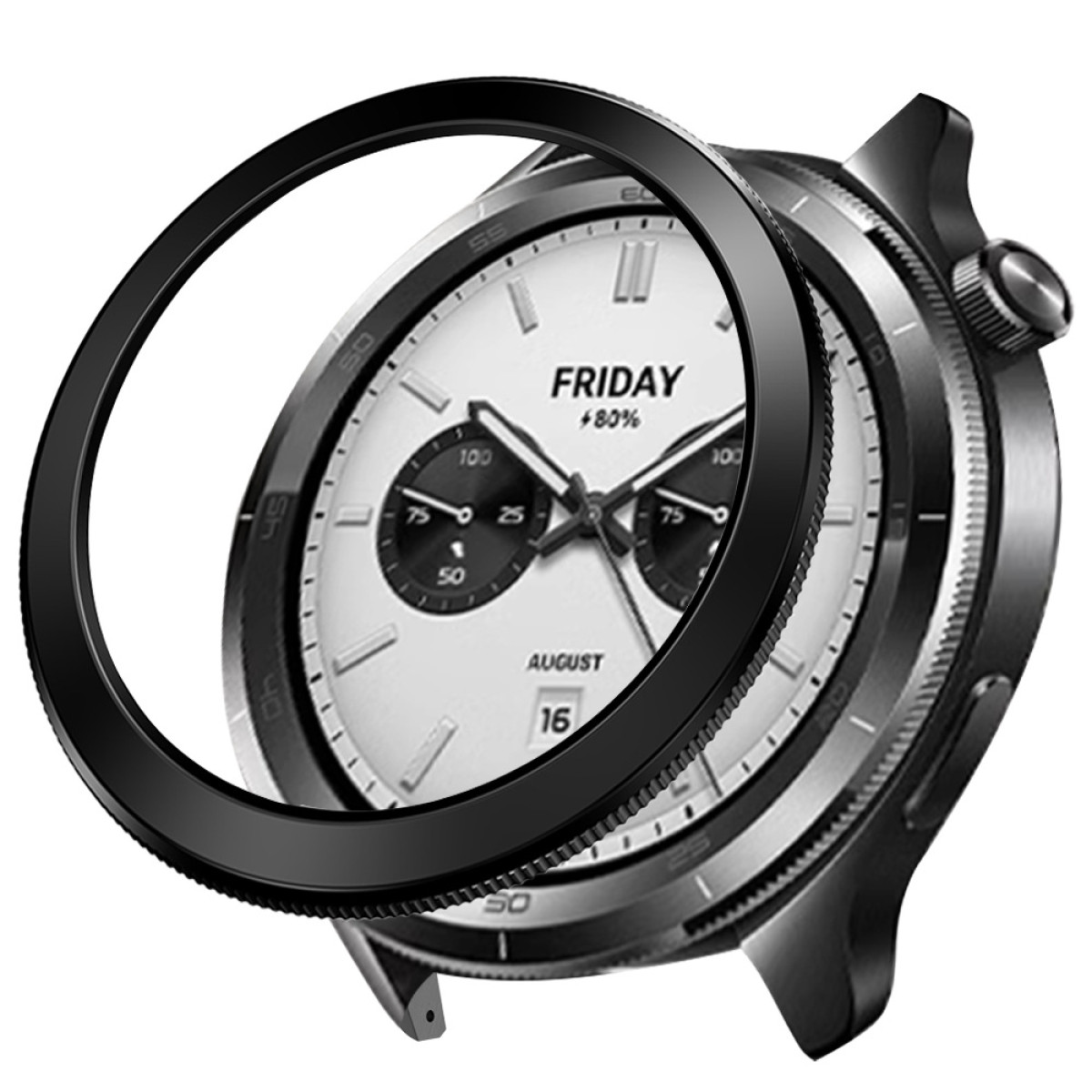 Nahaufnahme einer Smartwatch mit schwarzer Lünette. Das Zifferblatt zeigt Freitag, 16. August und den Akkustand.