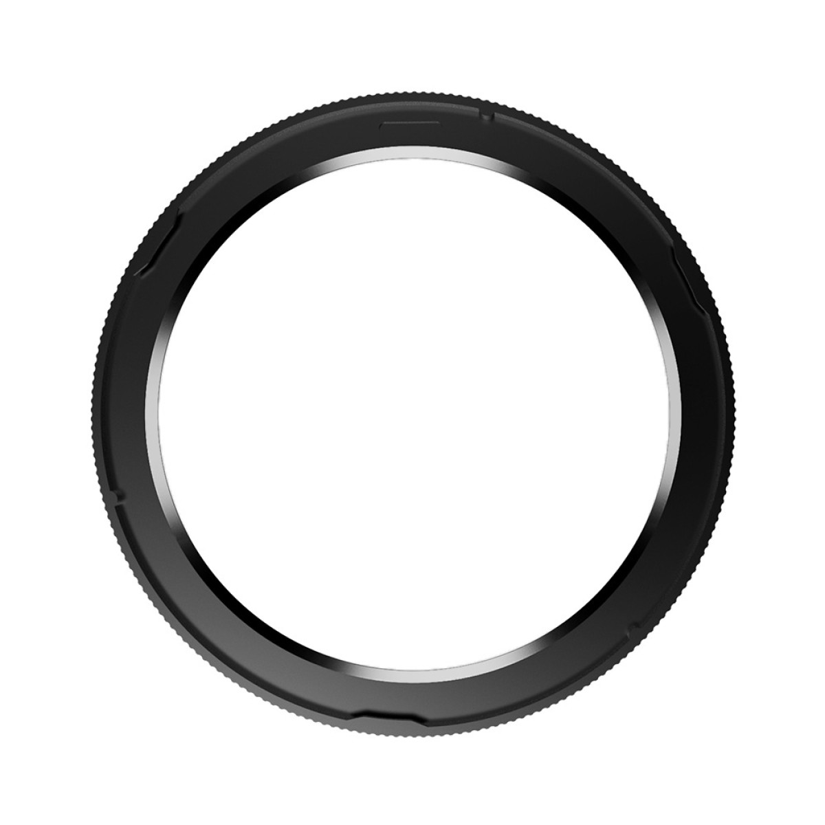 Ein schwarzer, kreisförmiger Objektivadapterring. Der Ring hat einen geriffelten Außenrand und einen glatten Innenring, vor weißem Hintergrund.