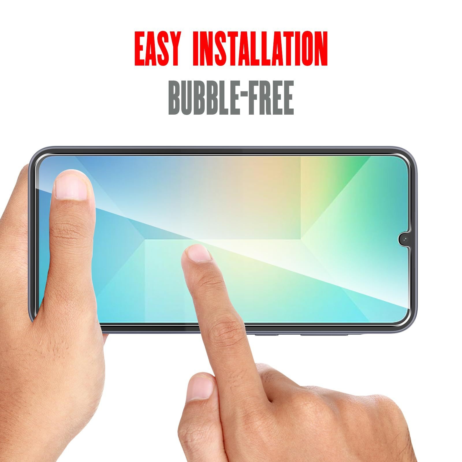 Manos sosteniendo un smartphone con protector de pantalla. Texto: 'Fácil instalación sin burbujas'.