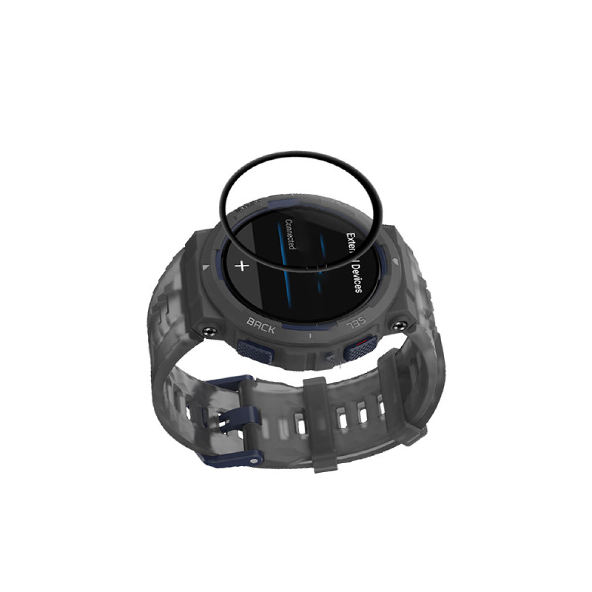 Uno smartwatch con cinturino trasparente e cassa grigio scuro. Lo schermo mostra 'Connected' e 'External Devices'. Un anello nero circonda lo schermo.