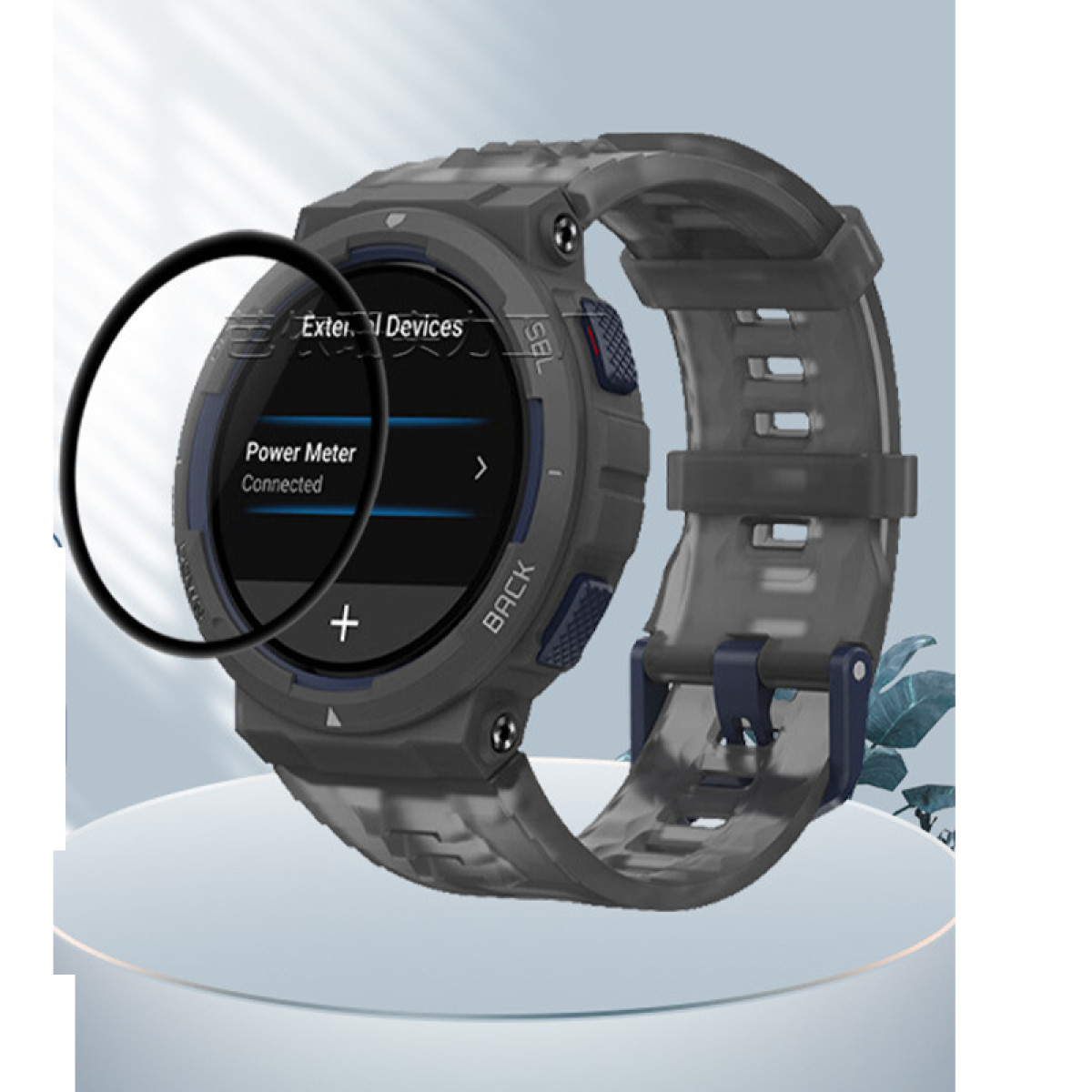 È mostrato uno smartwatch grigio con cinturino trasparente. Lo schermo mostra 'Power Meter Connected'. Un anello nero circonda l'orologio.