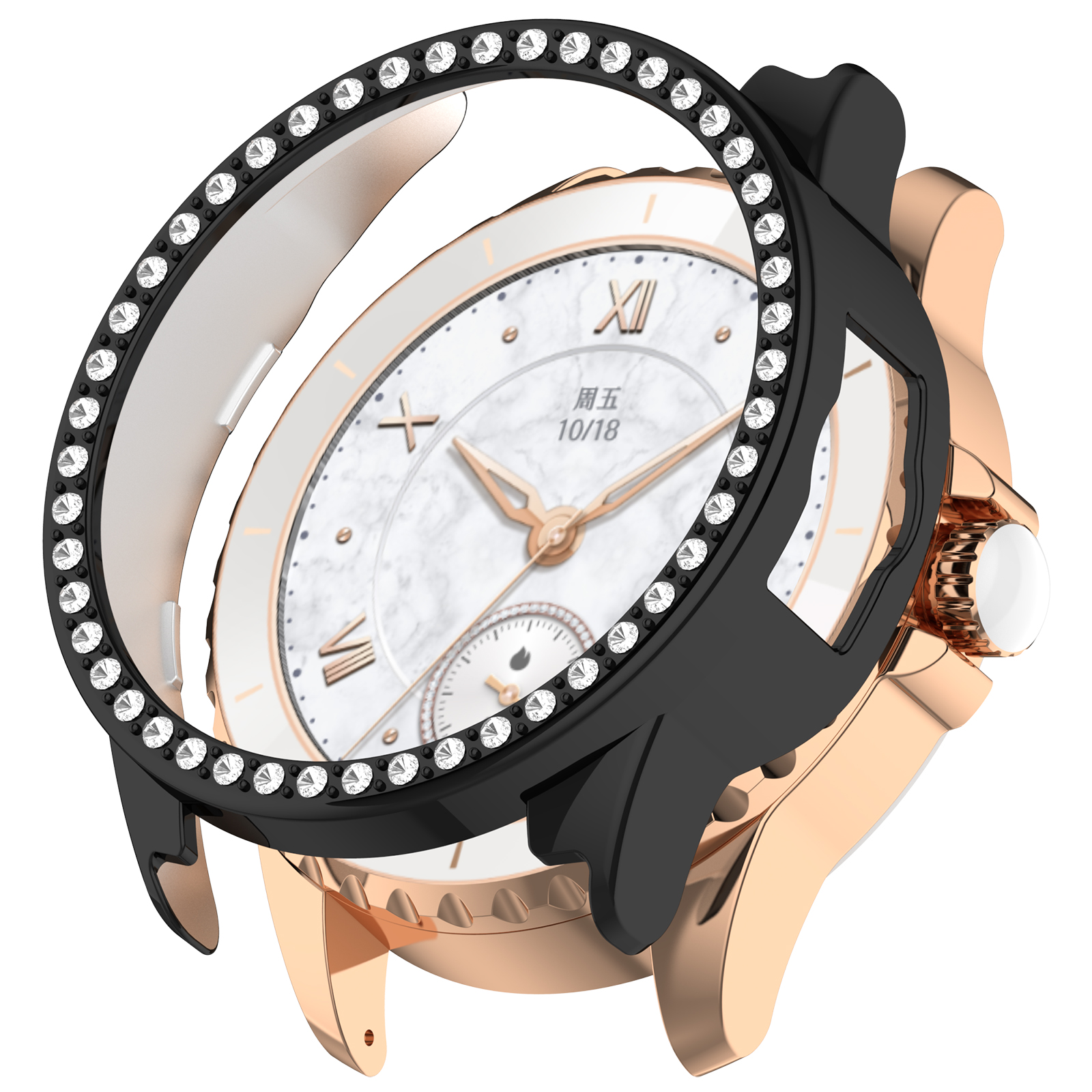 Un orologio di lusso con quadrante bianco, lancette dorate e lunetta nera incastonata di diamanti. Cassa in oro rosa e sfondo bianco.