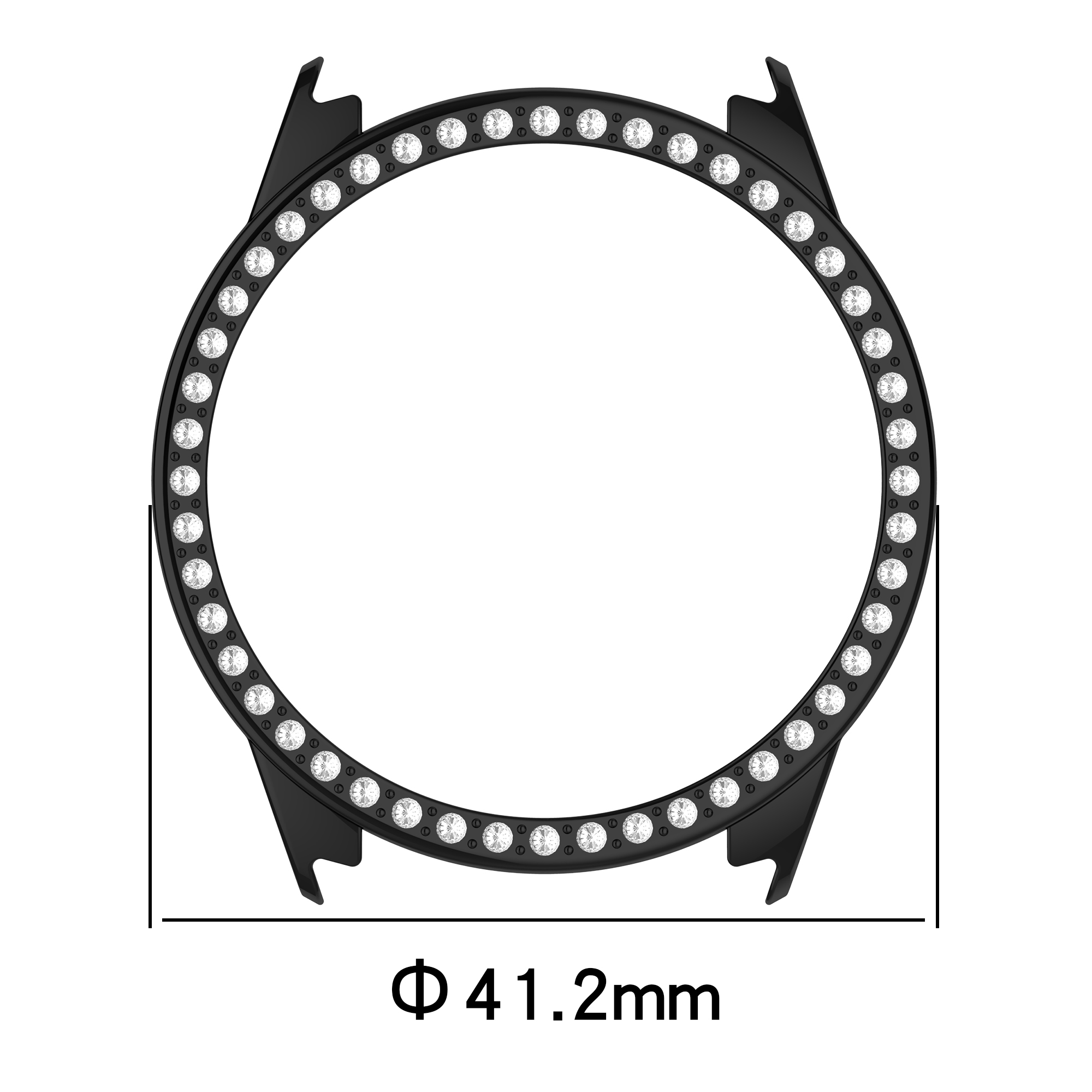 Lunetta nera dell'orologio con gemme incastonate. Diametro: 41,2 mm. Include due linguette nere.