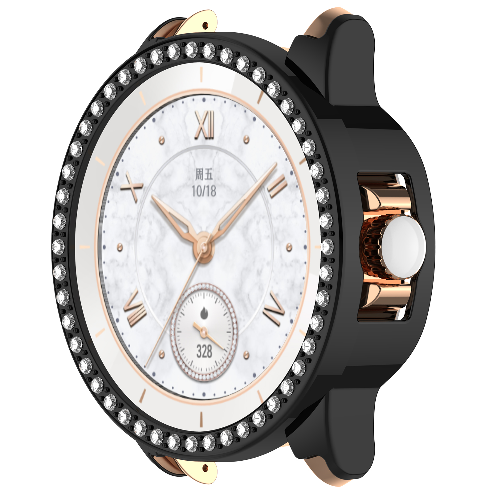 Un orologio di lusso con quadrante in marmo bianco, numeri romani, data 18/10, piccolo quadrante e lunetta con diamanti.