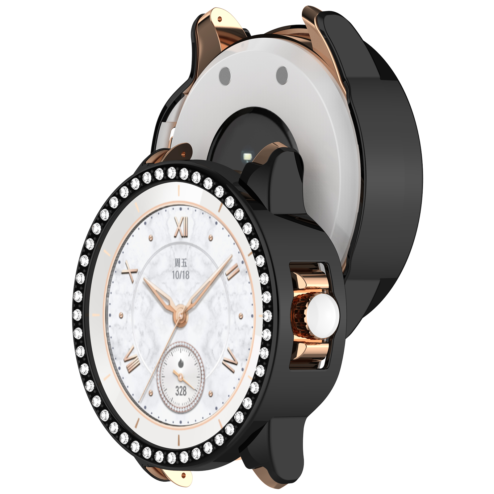 Uno smartwatch di lusso con lunetta incastonata di diamanti, quadrante effetto marmo bianco, dettagli dorati e corpo nero.