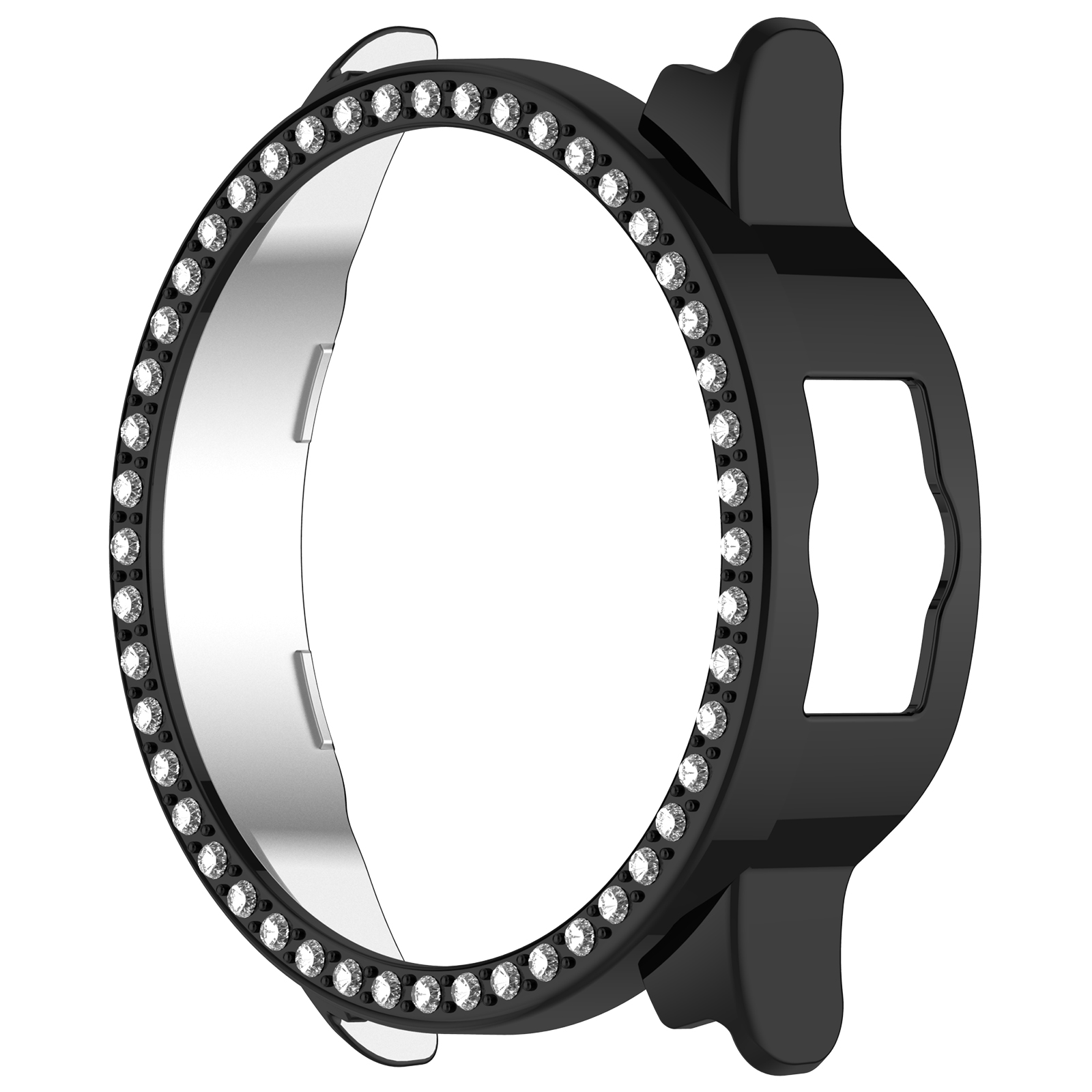 Una lunetta nera per smartwatch con strass sul bordo. L'interno è argentato.