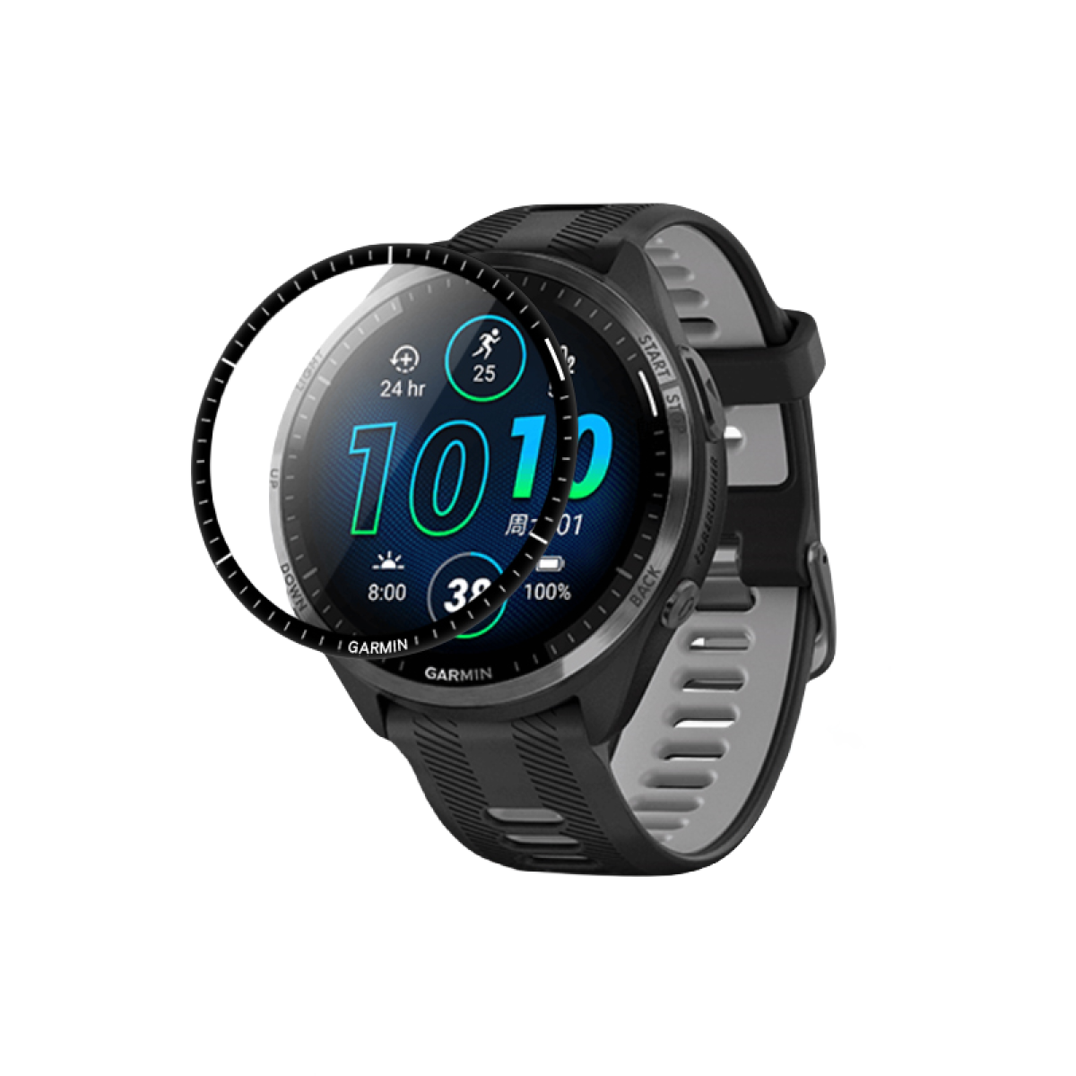 Uno smartwatch Garmin mostra ora, statistiche e un'icona di corsa. Ha un cinturino nero con dettagli grigi e neri, su sfondo bianco.