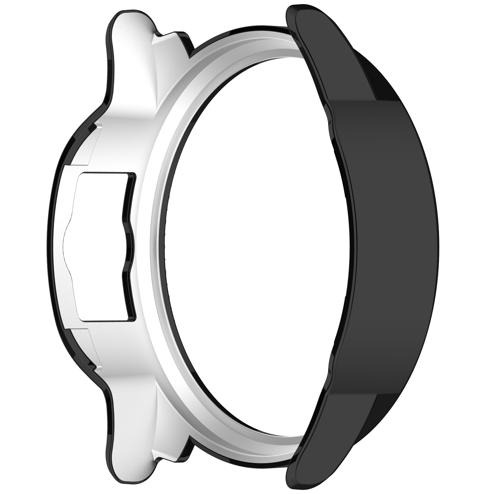 Una lunetta dell'orologio è mostrata con un cinturino nero, un anello interno bianco e un ritaglio rettangolare. Lo sfondo è bianco.