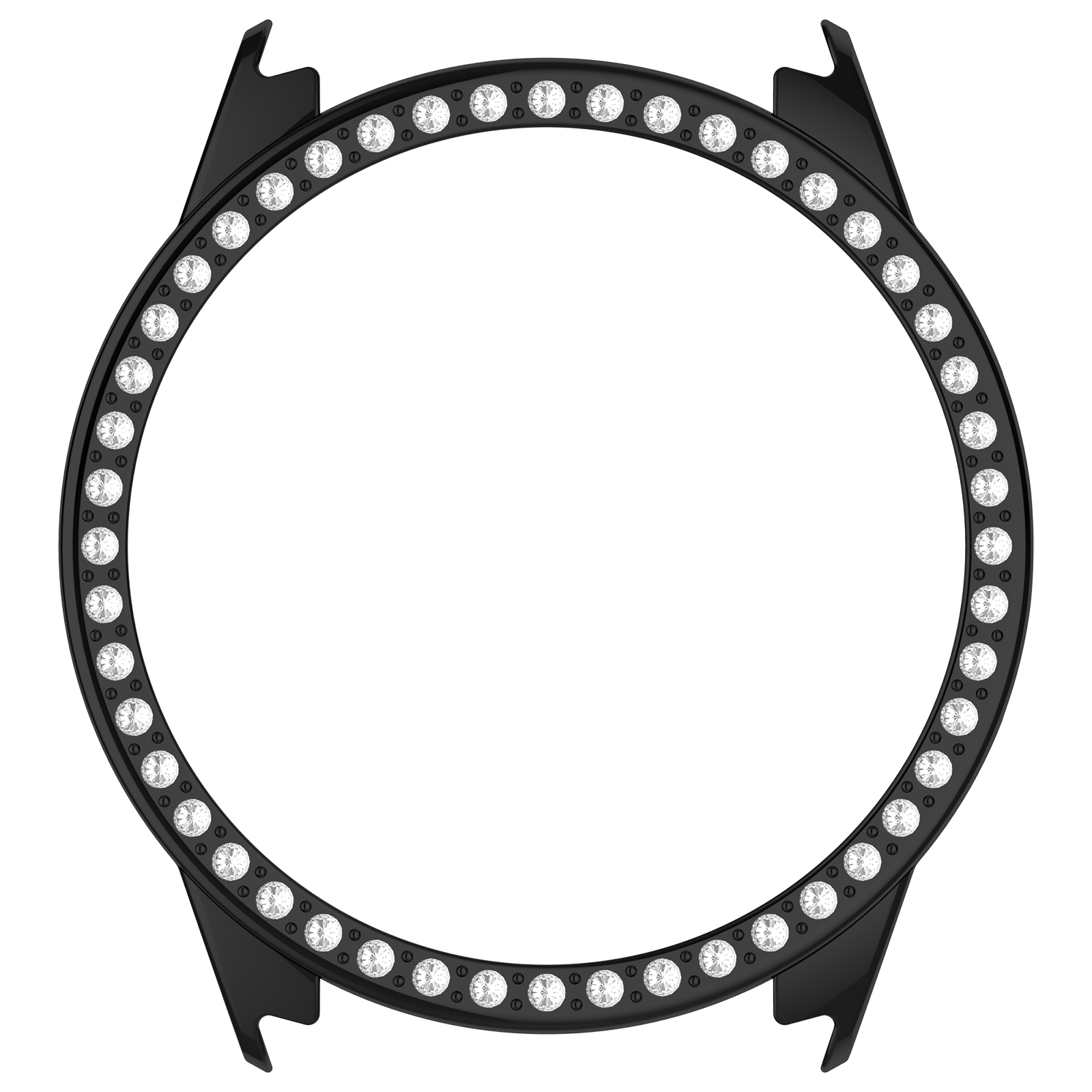 Una lunetta nera per orologio, a forma di anello, adornata con diamanti scintillanti e uniformemente distanziati. Sfondo bianco.
