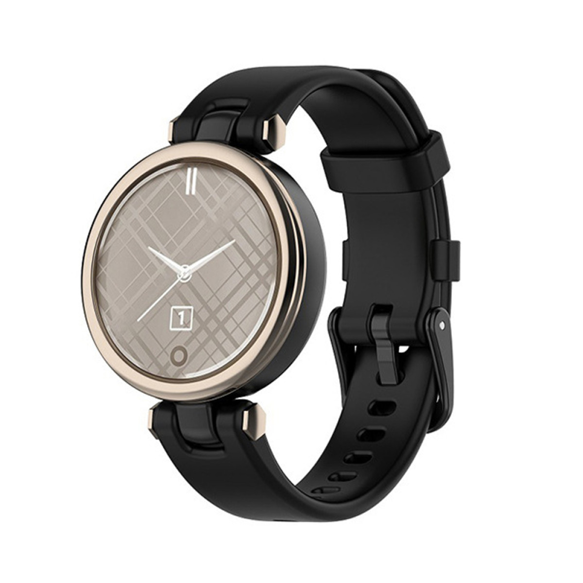 Uno smartwatch rotondo con cinturino nero. Il quadrante è beige con motivo a griglia, bordo dorato e lancette nere.
