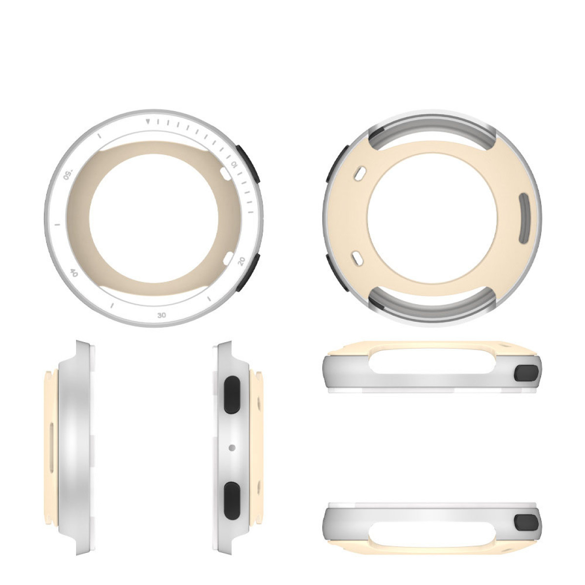 Una cassa dell'orologio è mostrata da diverse angolazioni. È argentata e beige. La cassa ha un design circolare con pulsanti laterali.