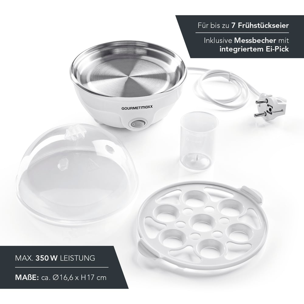Cuocitore per uova bianco con accessori: coperchio, misurino, vassoio. Testi in tedesco. Potenza max. 350W.