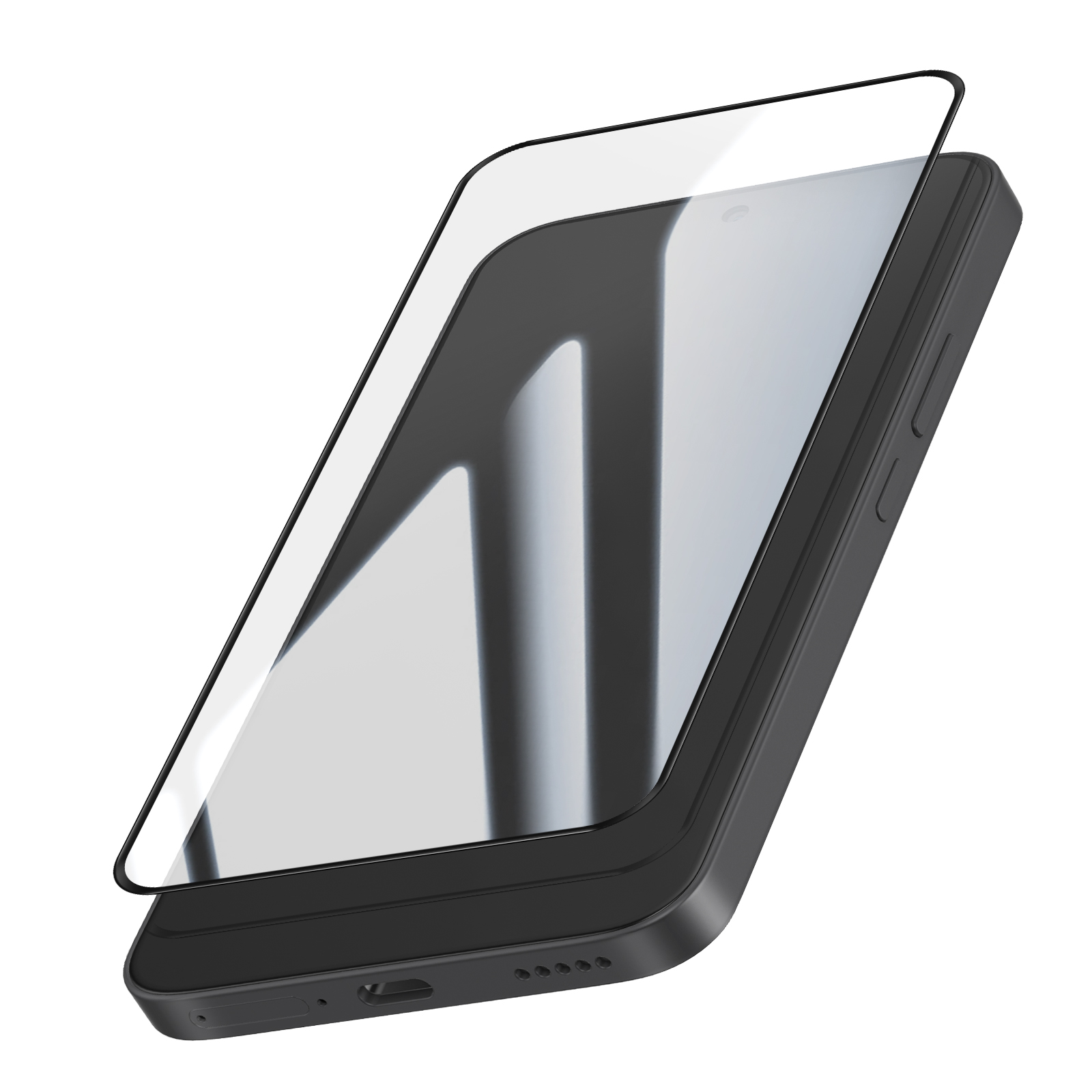 Een zwarte smartphone met een schermbeschermer. De beschermer is helder en iets opgetild.