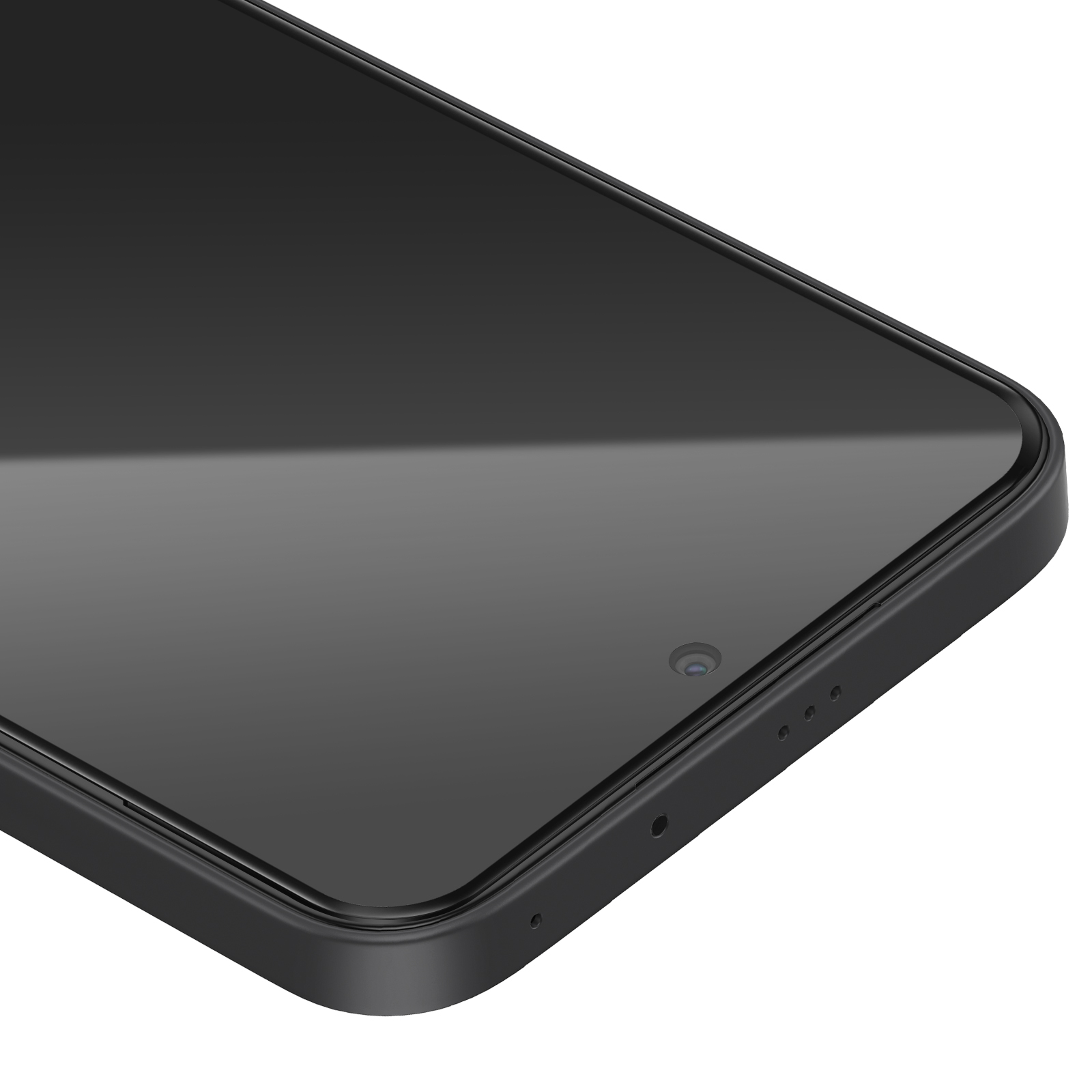 Close-up van een zwarte smartphone. Het scherm staat aan en toont reflecties. De rand heeft een camera en kleine gaatjes.