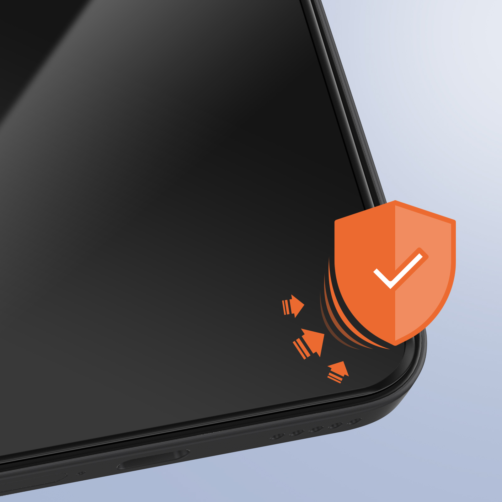 Een telefoonhoek met een oranje schildpictogram en pijlen. Het schild heeft een vinkje.