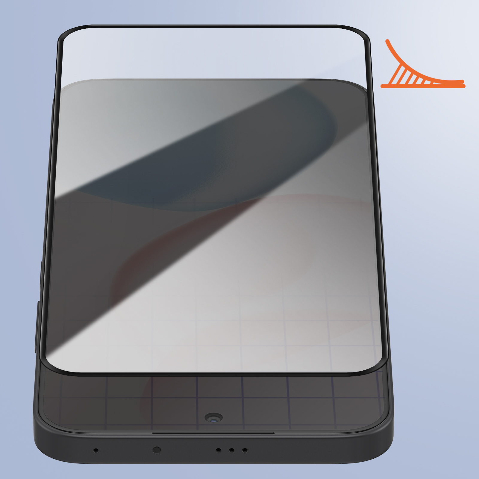 Een smartphone met een zwart frame en een groot scherm wordt getoond, met een oranje designelement in de rechterbovenhoek.