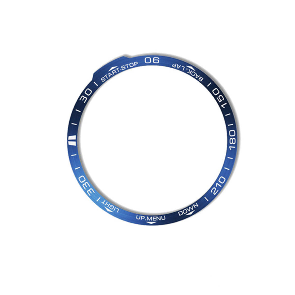 Una lunetta circolare blu con segni bianchi. Ha numeri e parole come 'Start-Stop', 'Light' e 'Down' su sfondo bianco.