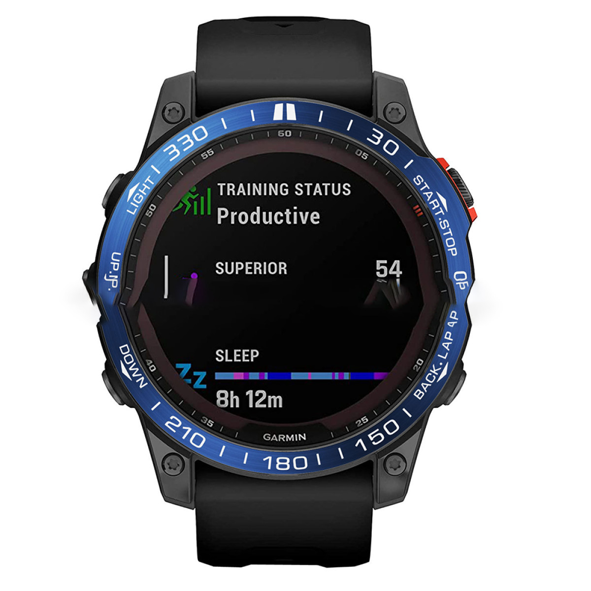 Uno smartwatch Garmin mostra lo stato di allenamento come produttivo, durata del sonno di 8h 12m e uno stato superiore. L'orologio è nero e blu.