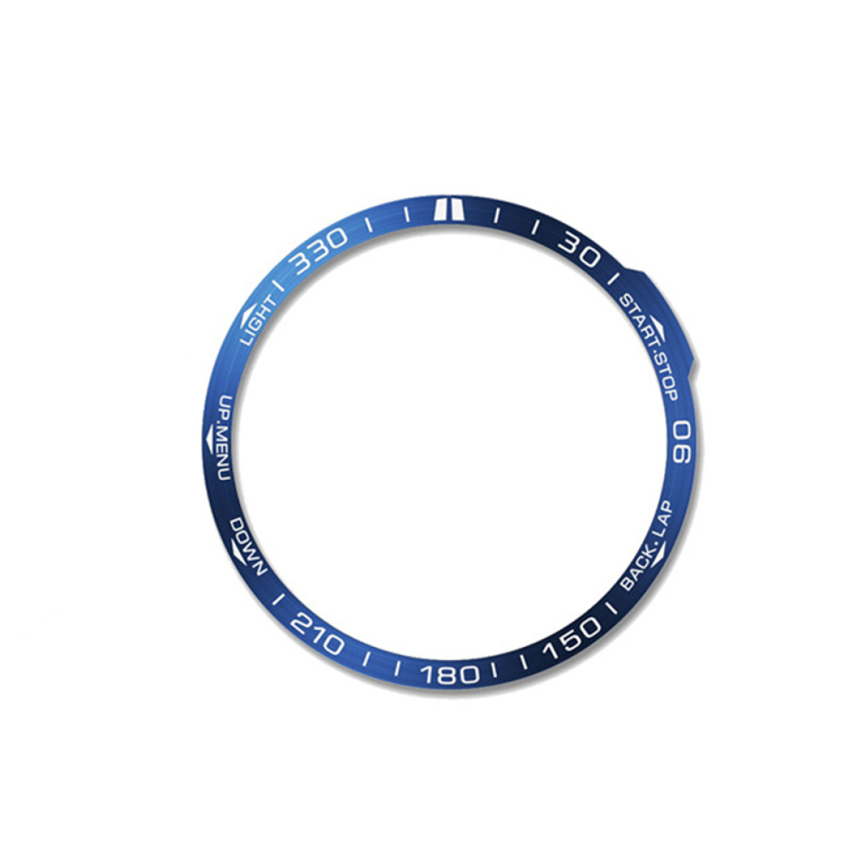 Una lunetta blu dell'orologio con segni bianchi. Sono visibili numeri e testo come 'LIGHT', 'UP.MENU', 'START-STOP'.