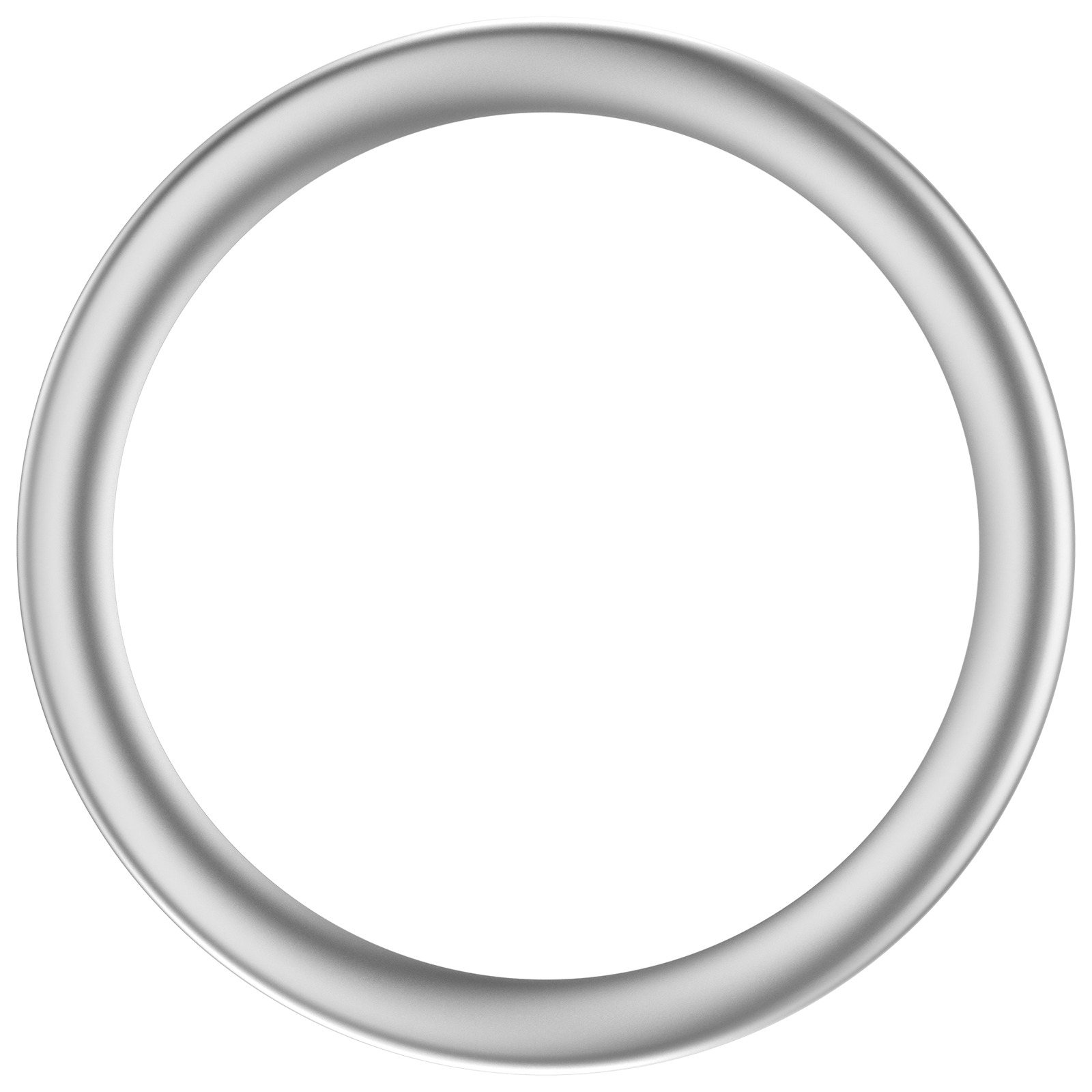 Un anello argentato metallico è centrato su sfondo bianco. L'anello ha una superficie liscia e curva.