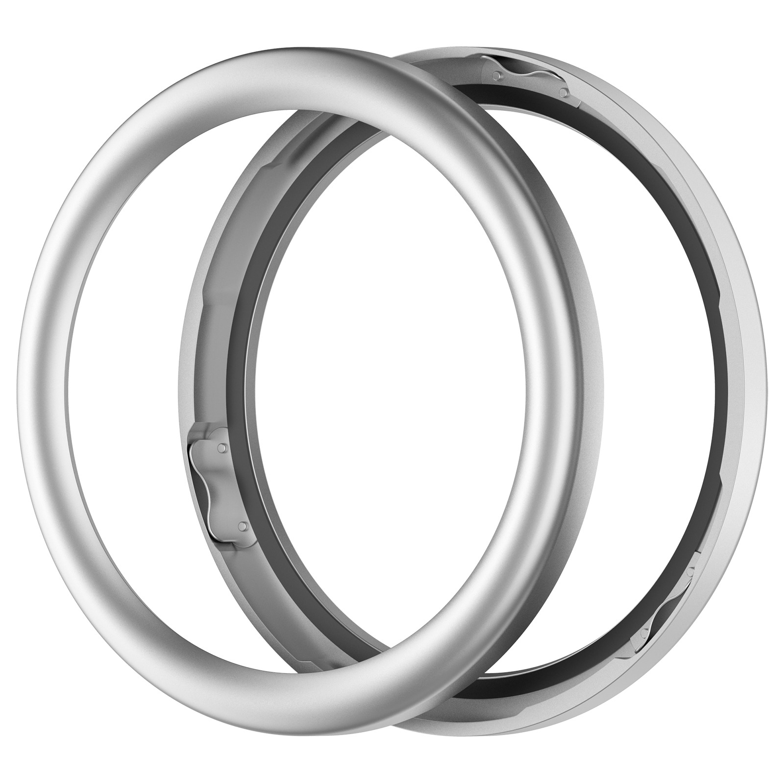 Due anelli d'argento intrecciati. Uno si sovrappone leggermente all'altro. Sembrano essere in metallo con finitura opaca.