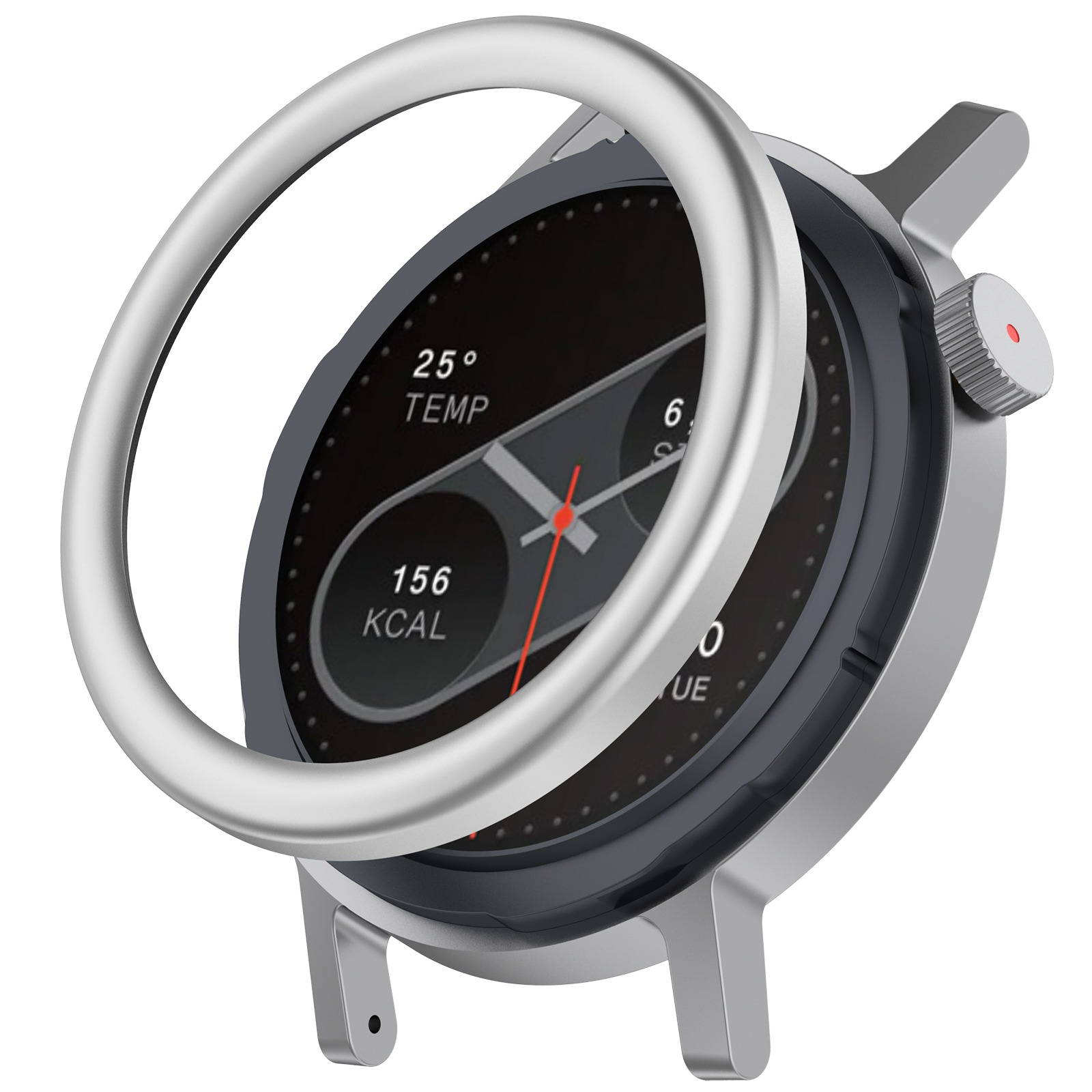 Uno smartwatch argentato mostra l'ora e la temperatura. Ha un display nero con numeri bianchi e lancette rosse.