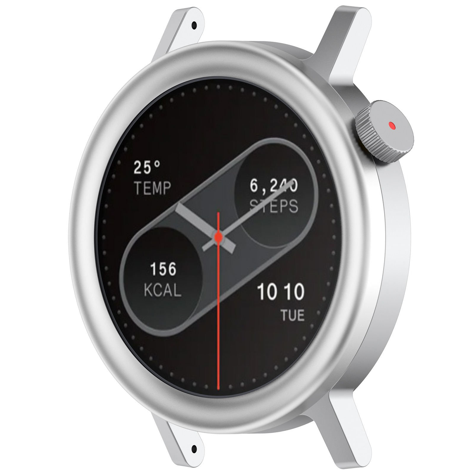 Smartwatch argentato con display nero. Mostra temperatura, passi, calorie e ora. Lancetta secondi rossa.