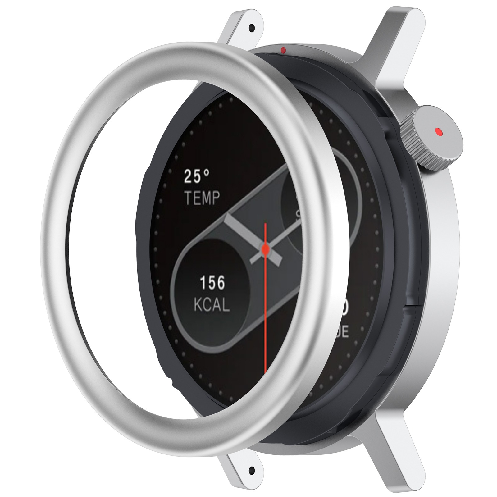 Un primo piano di uno smartwatch, che mostra lo schermo con l'ora e la temperatura e una lunetta argentata.
