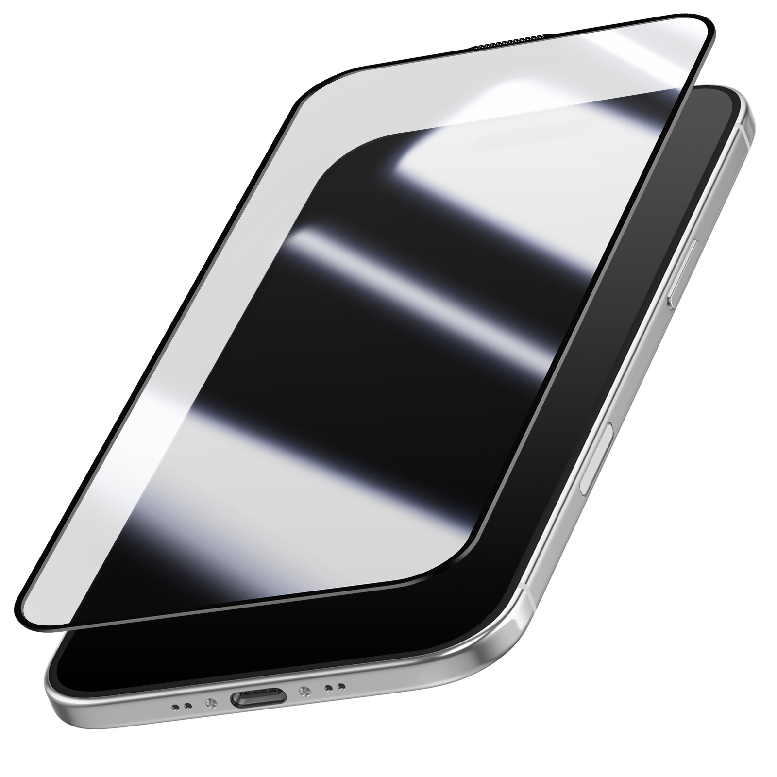 Uno smartphone con protezione schermo. Lo schermo è nero, la cornice argentata e la protezione trasparente.