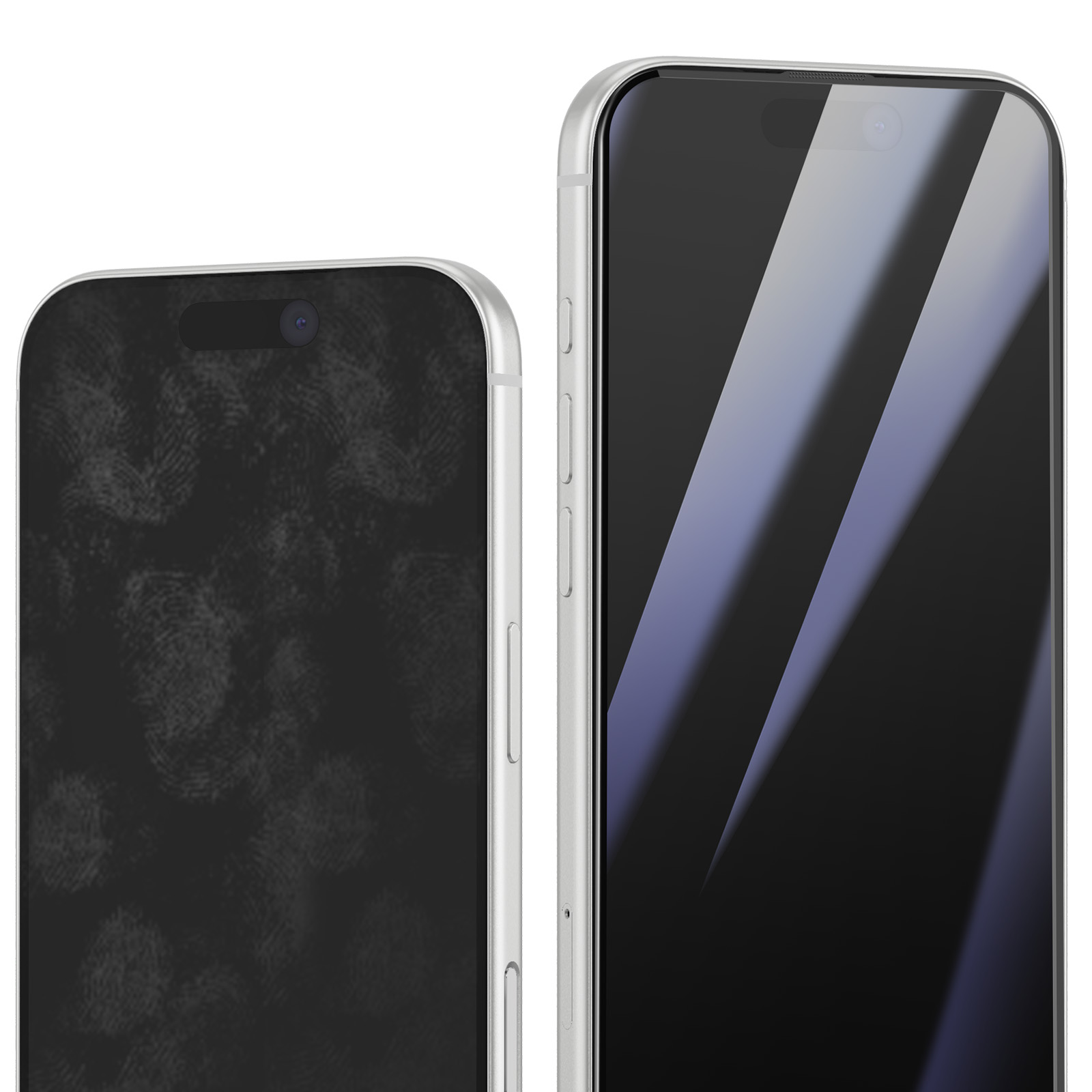 Due smartphone uno accanto all'altro. Uno schermo è macchiato di impronte digitali, l'altro è pulito con riflessi.