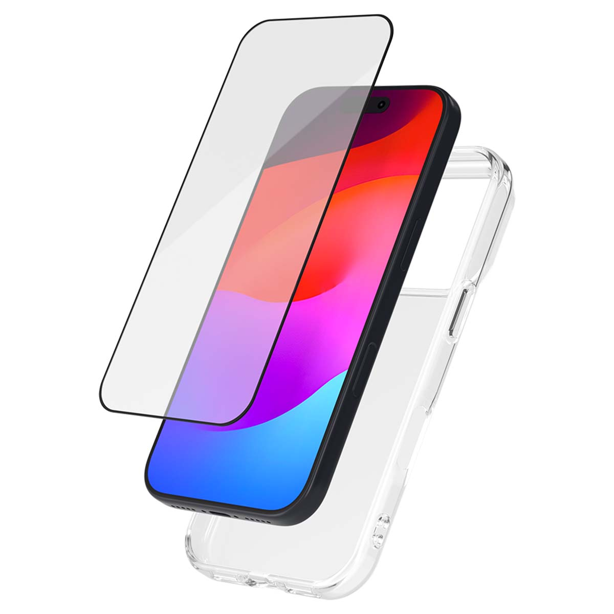 Un smartphone avec un protecteur d'écran et un étui transparent. L'écran affiche un fond d'écran coloré.