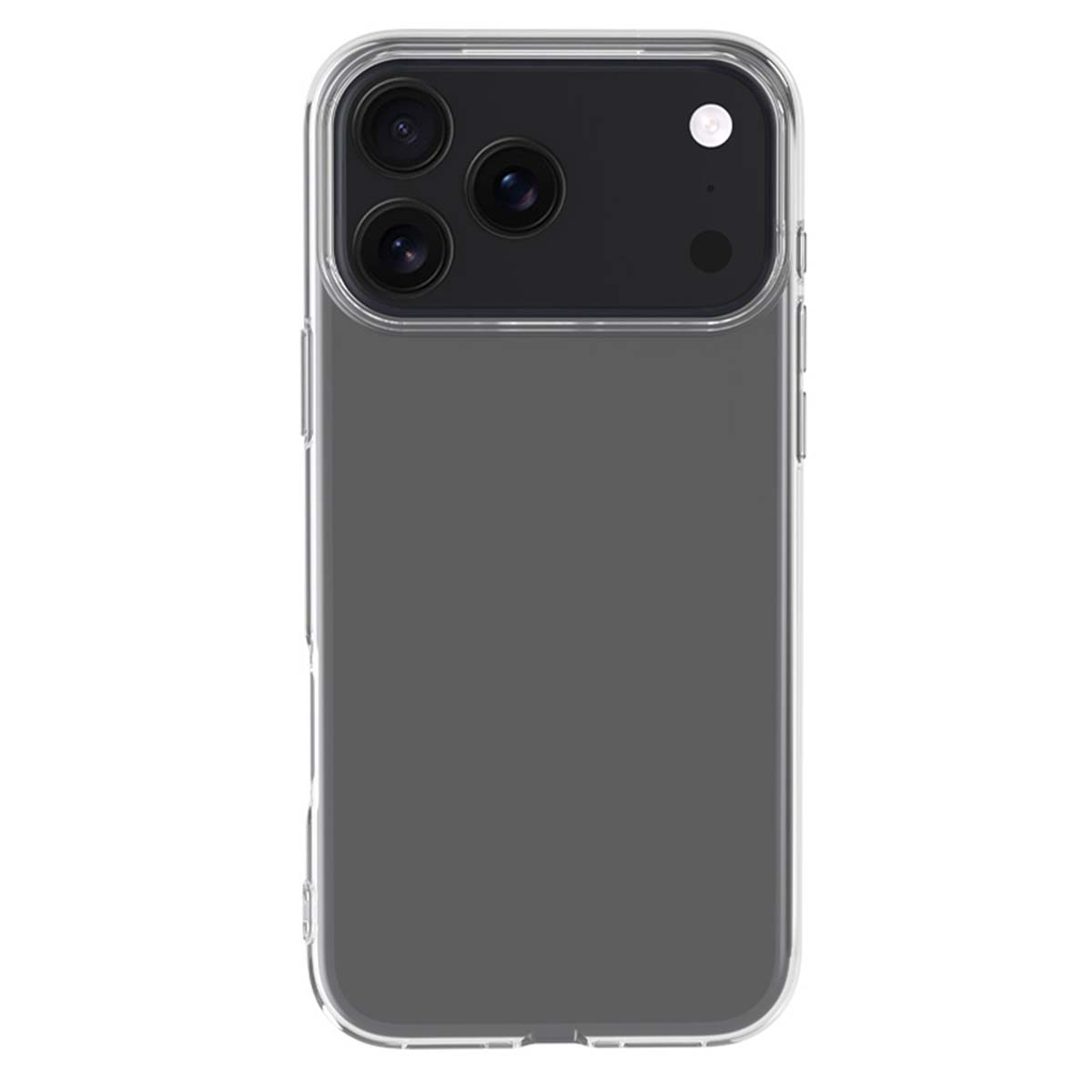 Une coque de téléphone transparente avec un dos gris et des lentilles d'appareil photo. La coque a un cadre transparent et recouvre l'arrière.