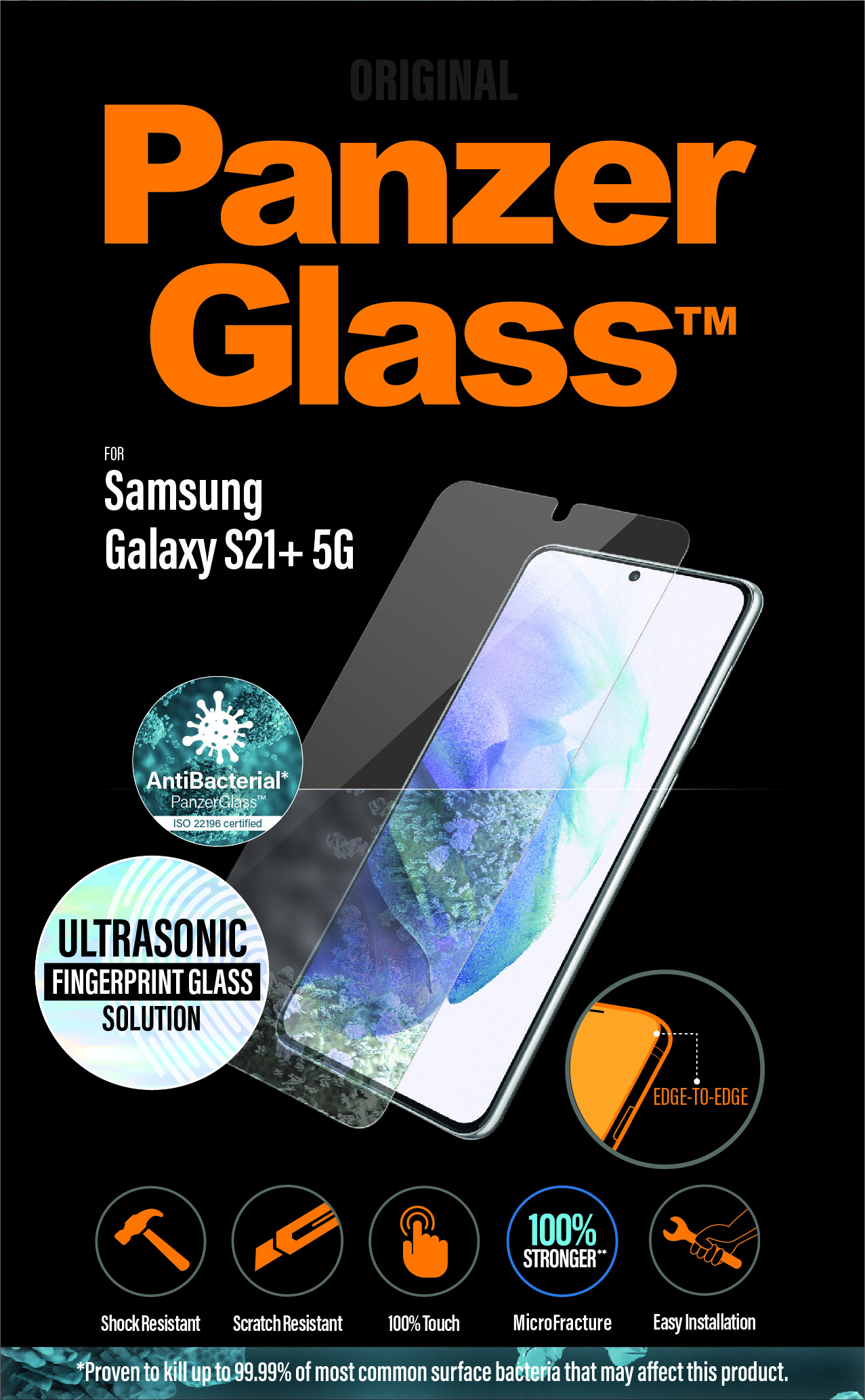 Sfondo nero con testo arancione 'Panzer Glass' e protezione schermo. Mostra Samsung Galaxy S21+ 5G.