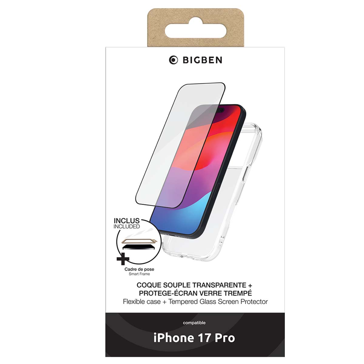 Un ensemble coque et protecteur d'écran sur fond blanc. Le téléphone affiche un écran coloré. Le texte dit iPhone 17 Pro.