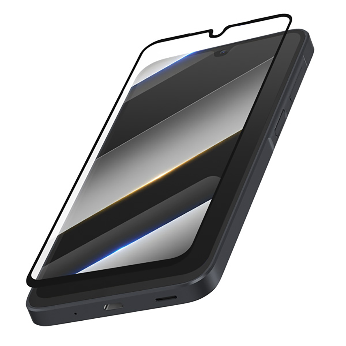 Uno smartphone con protezione schermo. Il telefono è nero con schermo riflettente e bordo nero. Sfondo bianco.