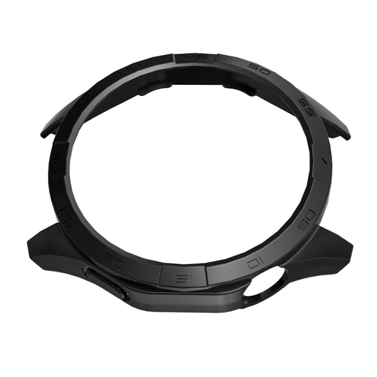 Una lunetta nera per orologio con numeri e segni. Ha una forma circolare con bordi rialzati e intagli per i pulsanti.
