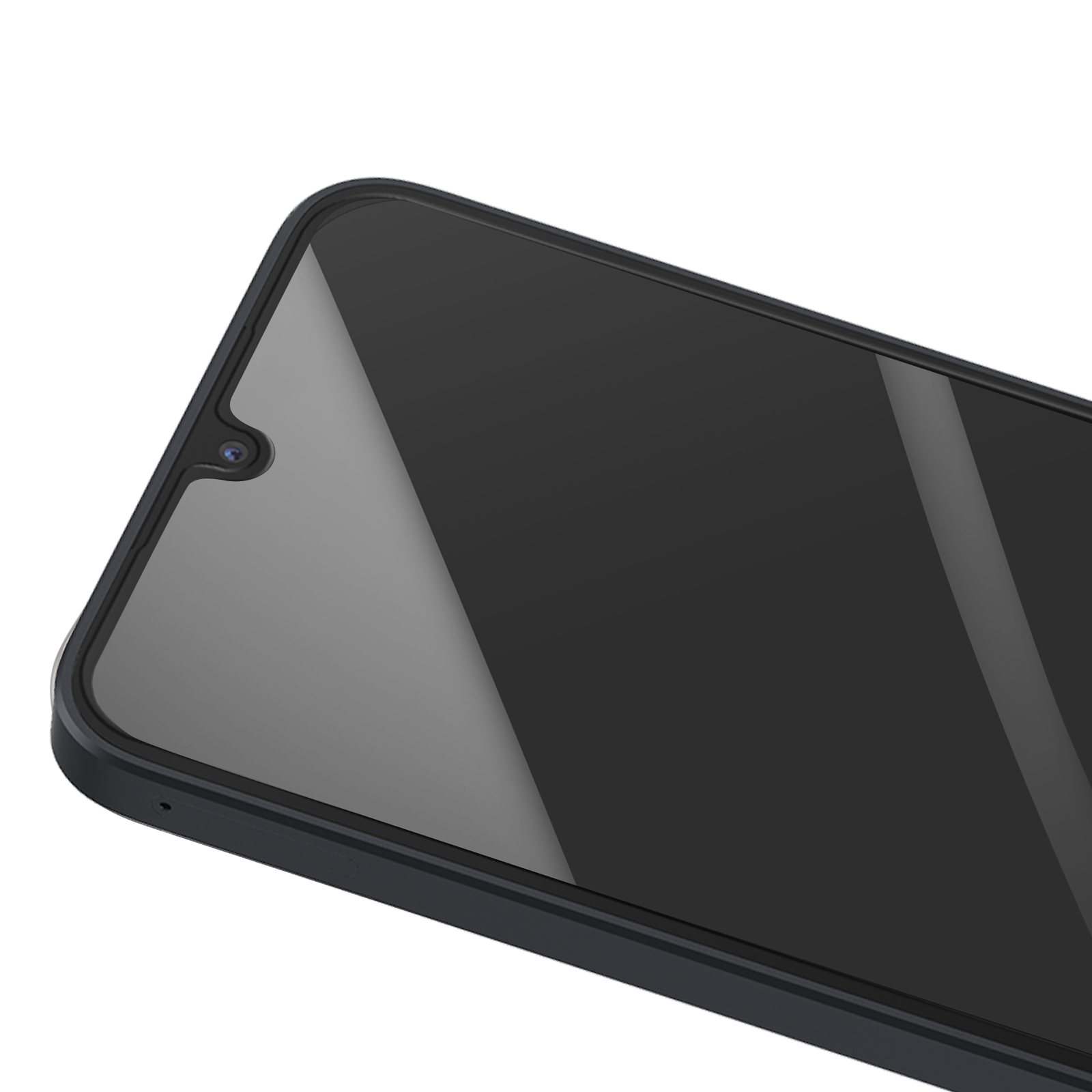 Primo piano dello schermo di uno smartphone. Lo schermo è nero e riflettente. Una fotocamera è visibile in alto.