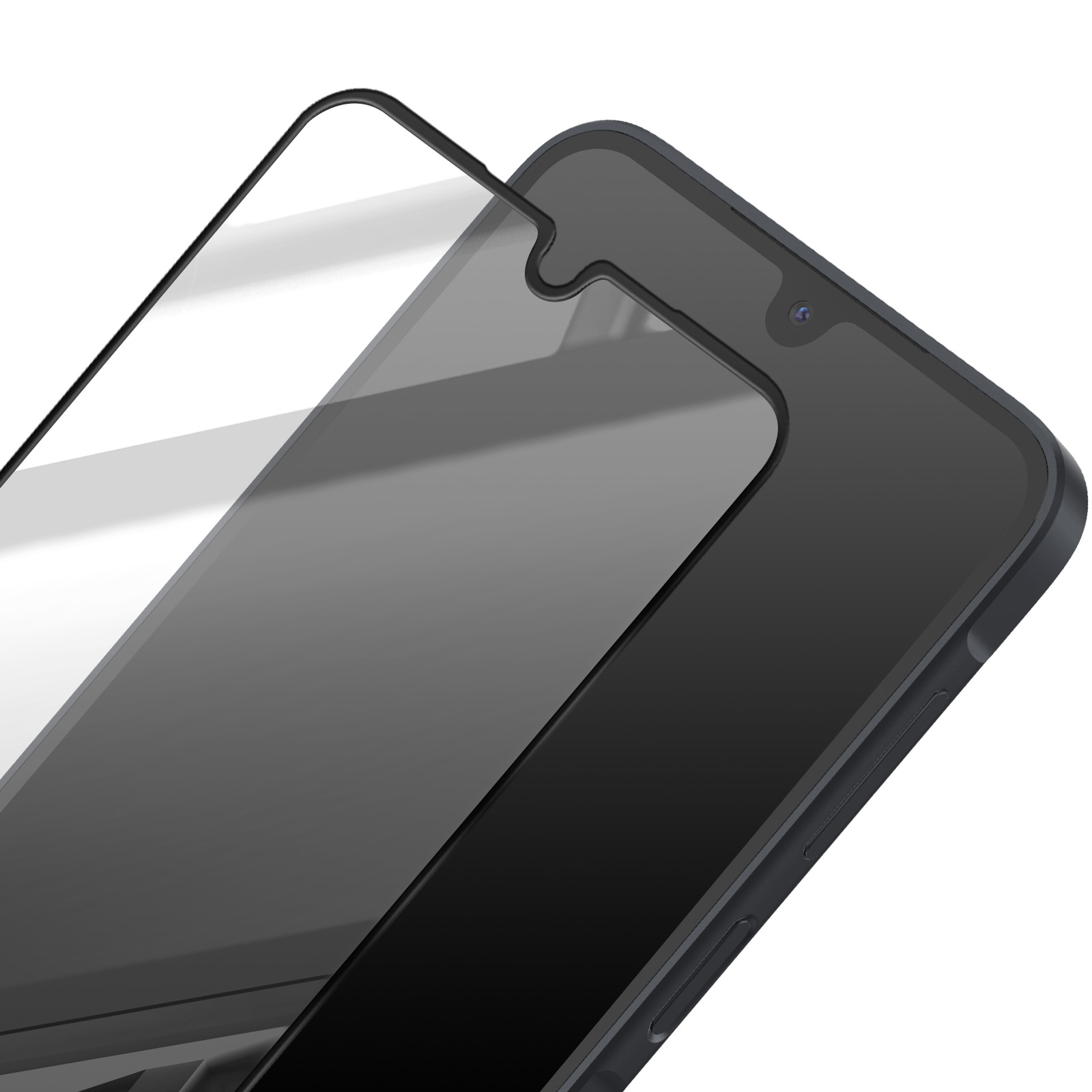 Uno smartphone con una protezione schermo applicata. Il protettore è trasparente, il telefono nero, sfondo bianco.