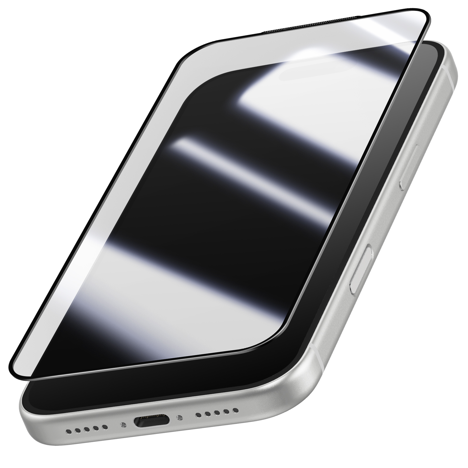 Un smartphone avec un protecteur d'écran. Le téléphone est argenté, le protecteur est transparent et l'écran est noir.