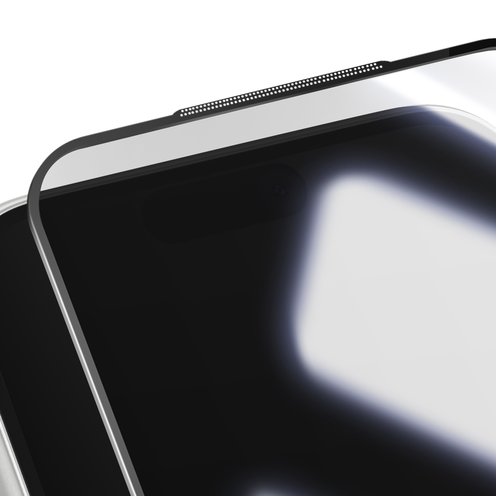 Gros plan sur l'écran et le bord supérieur d'un smartphone, écran noir, cadre argenté, fond blanc. Caméra et haut-parleur visibles.