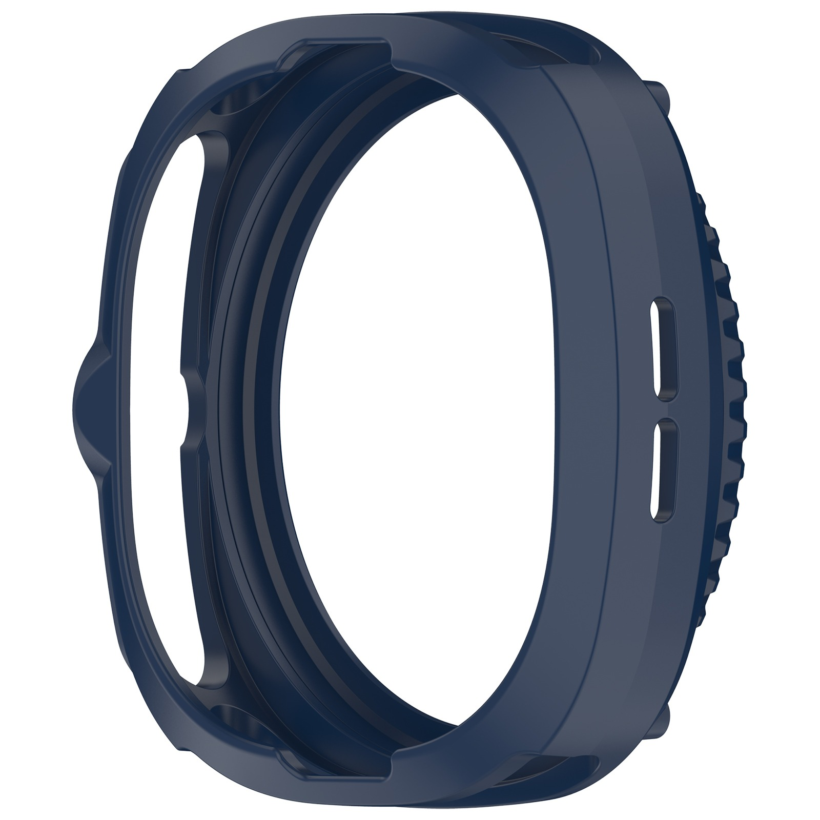 Una lunetta per orologio blu scuro. È circolare e presenta ritagli e creste. Lo sfondo è bianco.
