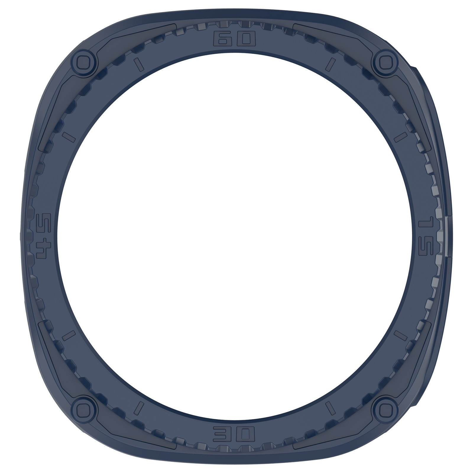 Una lunetta di orologio blu scuro con numeri nelle posizioni 15, 30, 45 e 60. Il centro è vuoto.