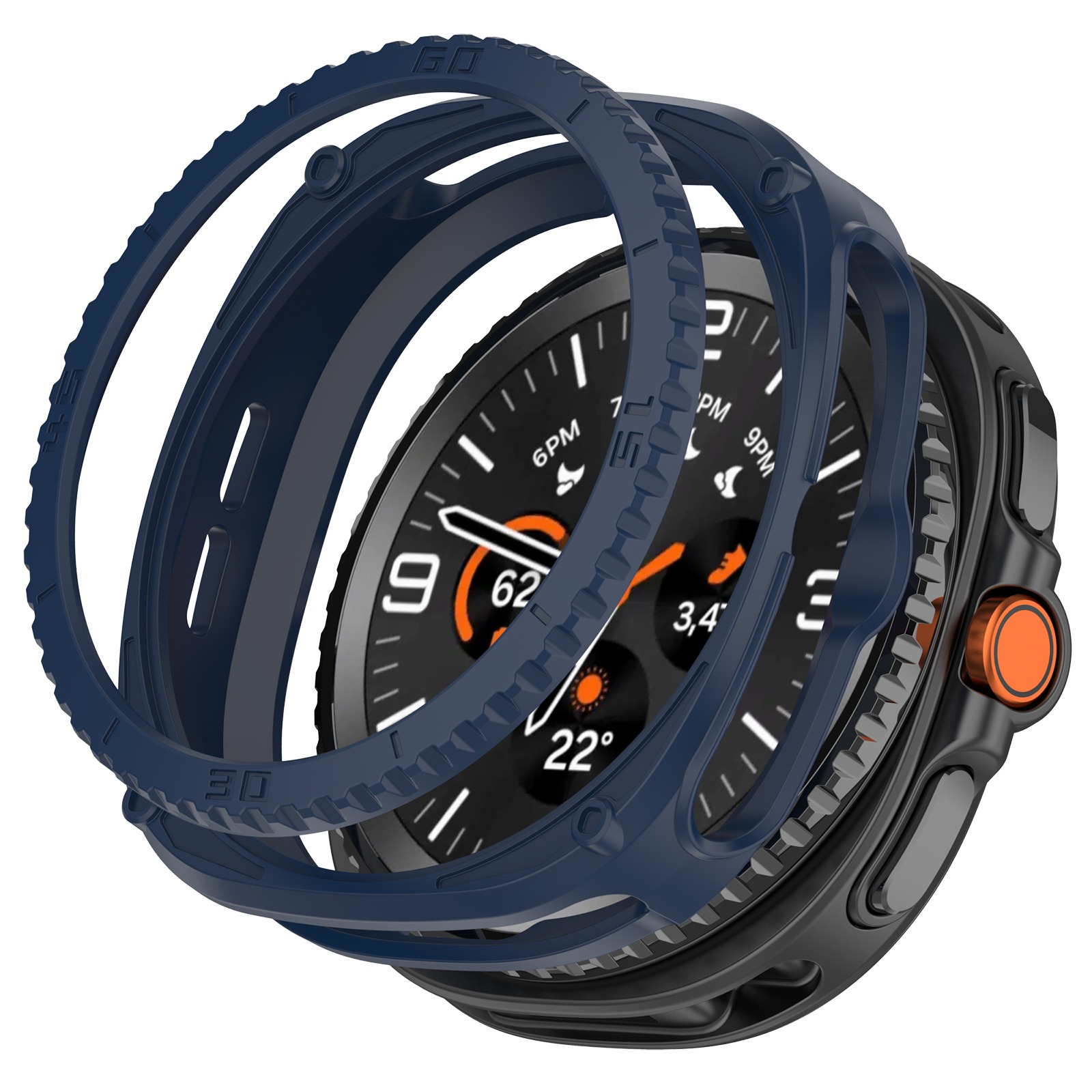 È mostrato uno smartwatch con lunetta blu. Il quadrante mostra l'ora. L'orologio è nero con un pulsante arancione.