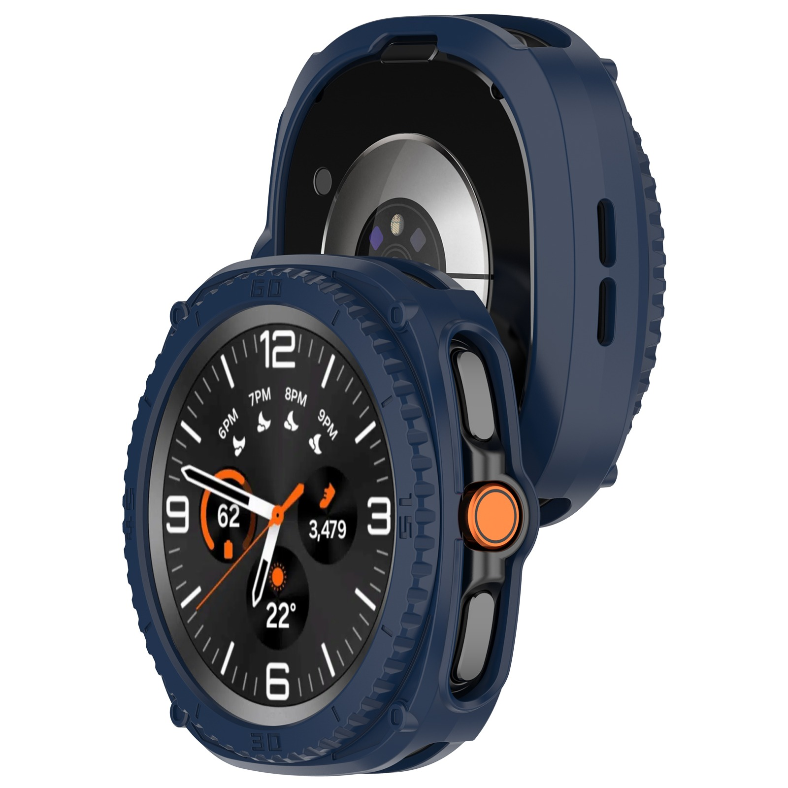 Smartwatch blu scuro con custodia aperta. Il quadrante mostra l'ora e altri dati. È visibile un pulsante arancione.