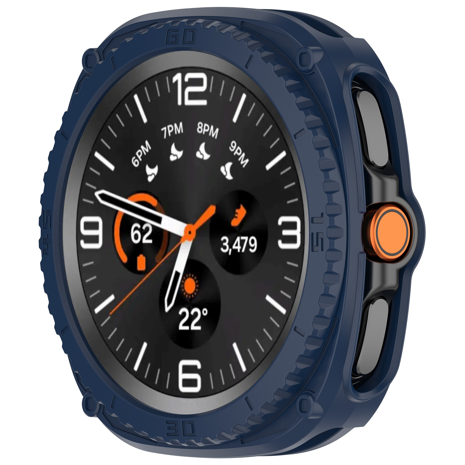 Primo piano di uno smartwatch, che mostra l'ora, la data e altri dati. Ha una cassa blu e un pulsante arancione.