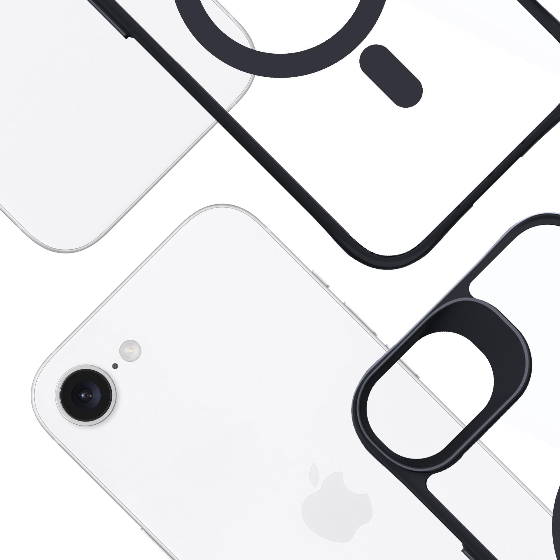 Biały telefon i przezroczyste etui. Czarne etui obrysowuje aparat i przyciski. Widoczne logo Apple.